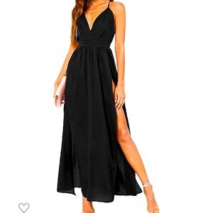 Gorgeous Black Maxi Cocktail Dress W/ Thigh Slits & Low back